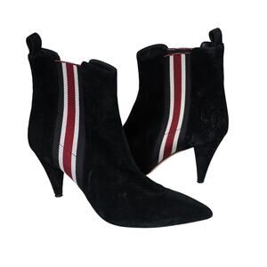 Veronica Beard Flynne Stripe Bootie Black Suede Red White Pointed Toe SZ 7.5